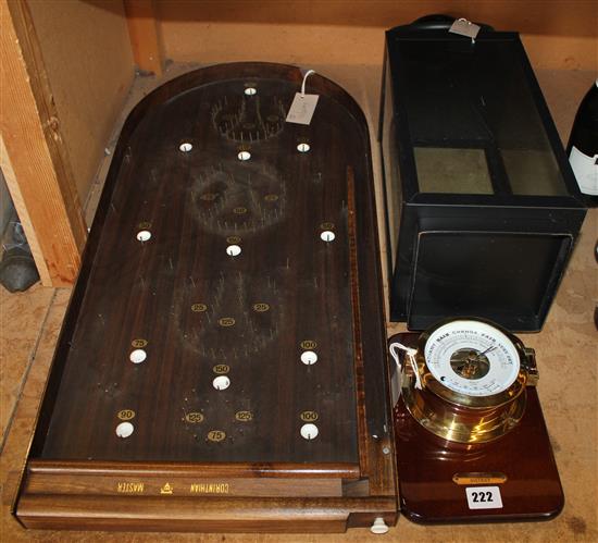 Bagatelle board, brass ships barometer and a lantern